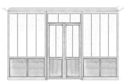 dessin d'étude sur une verrière en bois avec une porte double.