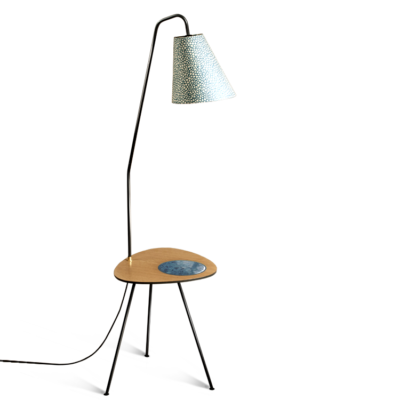 lampadaire avec table, tablette en bois tripode en acier de style vintage